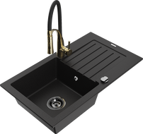 Mexen Pablo granitový drez 1-komorový s odkvapkávačom a kuchynskou batériou Aster, čierny - 6510-77-73450-57-B