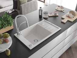 Mexen Elias žulový drez 1-komorový s odkvapkávačom a kuchynskou batériou Aster, biely - 6511-20-73450-02