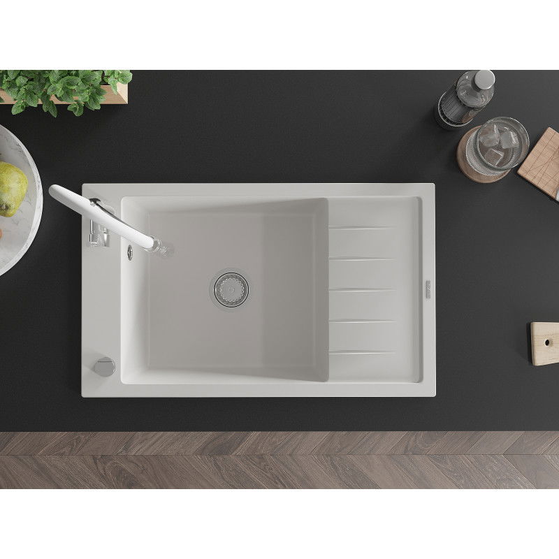 Mexen Elias žulový drez 1-komorový s odkvapkávačom a kuchynskou batériou Aster, biely - 6511-20-73450-02