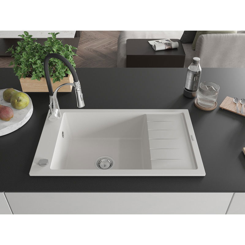Mexen Elias žulový kuchynský drez 1-komorový s odkvapkávačom a kuchynskou batériou Aster, biely - 6511-20-73450-07