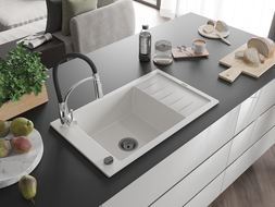 Mexen Elias žulový drez s jednou komorou a odkvapkávačom a kuchynskou batériou Aster, biely - 6511-20-73450-07-B