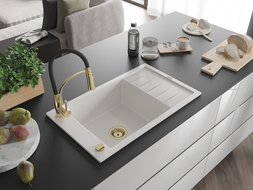 Mexen Elias granitový kuchynský drez 1-komorový s odkvapkávačom a kuchynskou batériou Aster, biely - 6511-20-73450-57-G