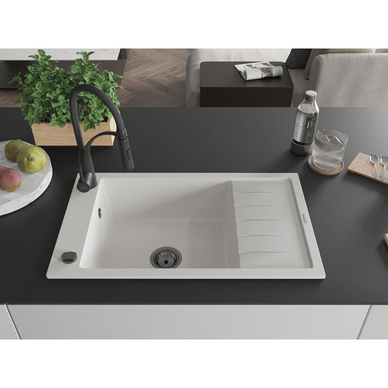 Mexen Elias žulový drezu jeden drez s odkvapkávačom a kuchynskou batériou Aster, biely - 6511-20-73450-70-B