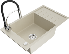 Mexen Elias granitový drez 1-komorový s odkvapávačom a kuchynská batéria Aster, béžový - 6511-69-73450-07