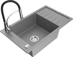 Mexen Elias žulový drez 1-komorový s odkvapkávačom a kuchynskou batériou Aster, sivý - 6511-71-73450-07