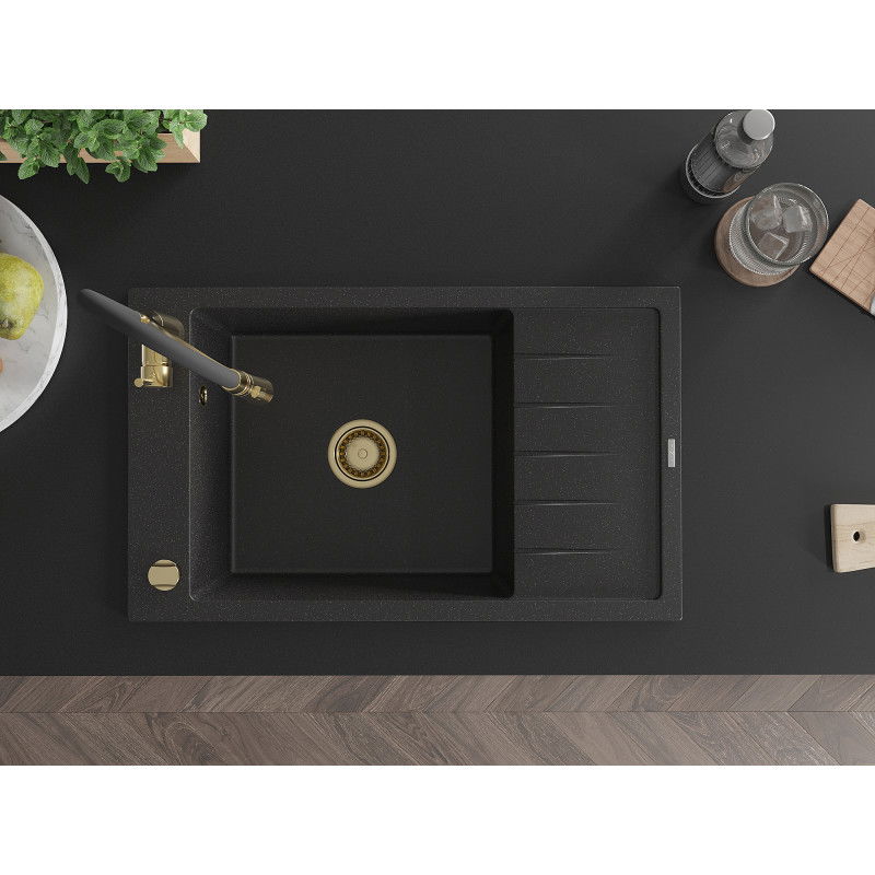 Mexen Elias granitový umývadlo s 1 komorou s odkvapkávačom a kuchynským kohútikom Aster, čierny/strieborný metalický