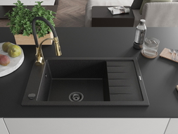 Mexen Elias žulový drez 1-komorový s odkvapkávačom a kuchynskou batériou Aster, čierny/strieborný metalik - 6511-73-73450-57-B