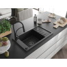 Mexen Elias granitový drez s 1 komorou s odkvapkávačom a kuchynskou batériou Aster, čierny/strieborný metalik