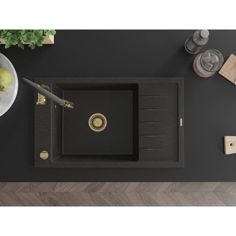 Mexen Elias granitový drez 1-komorový s odkvapkávačom a kuchynskou batériou Aster, čierny/zlatý metalik - 6511-75-73450-57-G