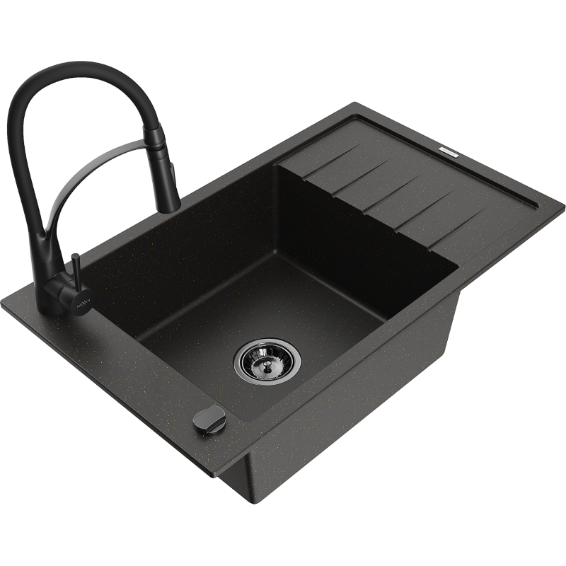 Mexen Elias jednodrezový granitový drez s odkvapkávačom a kuchynskou batériou Aster, čierny/zlatý metalický