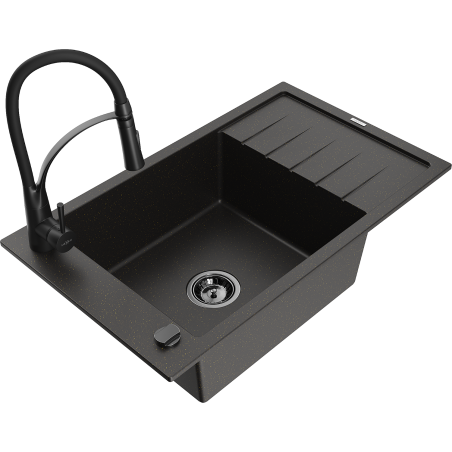 Mexen Elias jednodrezový granitový drez s odkvapkávačom a kuchynskou batériou Aster, čierny/zlatý metalický