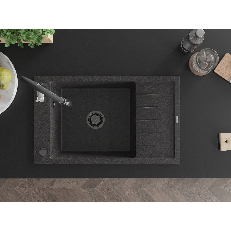 Mexen Elias žulový drez s 1 komorou s odkvapkávačom a kuchynskou batériou Aster, čierny bodkovaný - 6511-76-73450-07-B