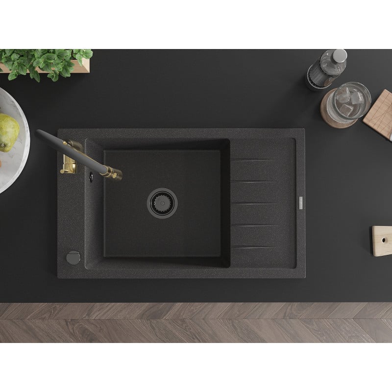 Mexen Elias jednodrezový granitový drez s odkvapkávačom a kuchynskou batériou Aster, čierny s fľakmi - 6511-76-73450-57-B