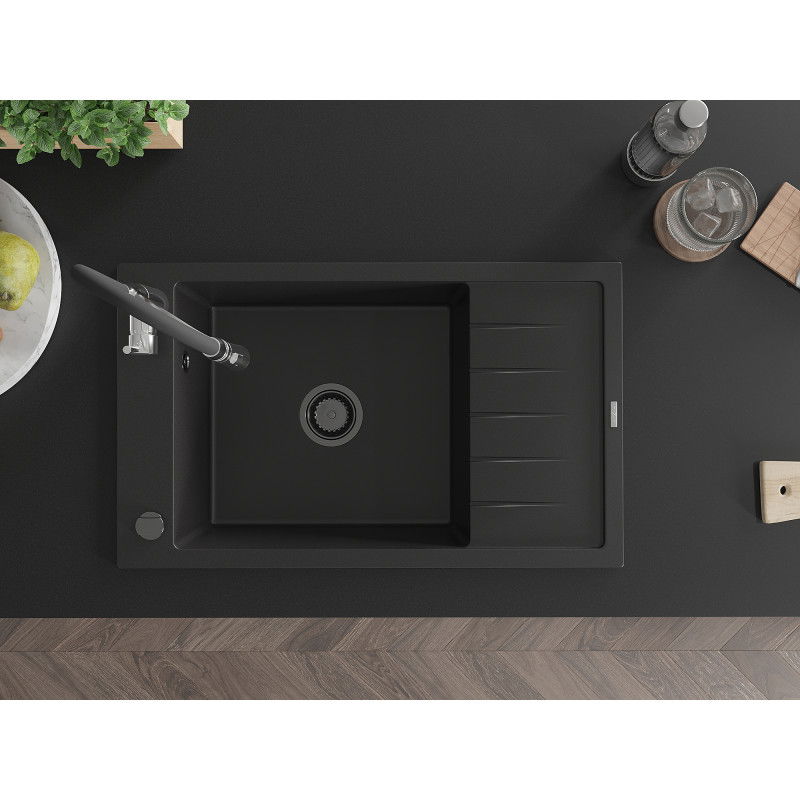 Mexen Elias granitový drez s 1 komorou, s odkvapkávačom a kuchynskou batériou Aster, čierny - 6511-77-73450-07-B