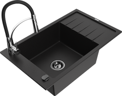 Mexen Elias granitový drez s 1 komorou, s odkvapkávačom a kuchynskou batériou Aster, čierny - 6511-77-73450-07-B