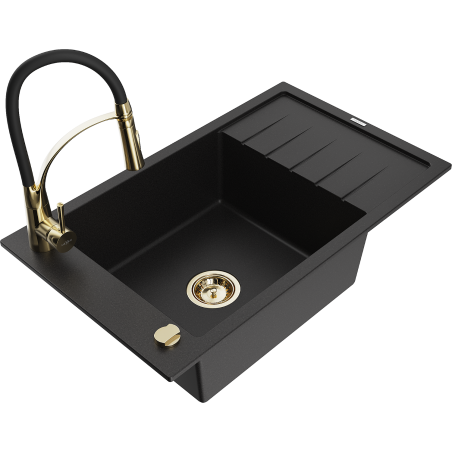 Mexen Elias žulový kuchynský drez 1-komorový s odkvapkávacou plochou a kuchynskou batériou Aster, čierny