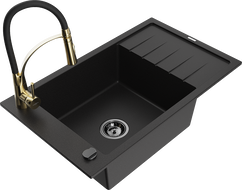 Mexen Elias granitový drez 1-komorový s odkvapkávačom a kuchynskou batériou Aster, čierny - 6511-77-73450-57-B