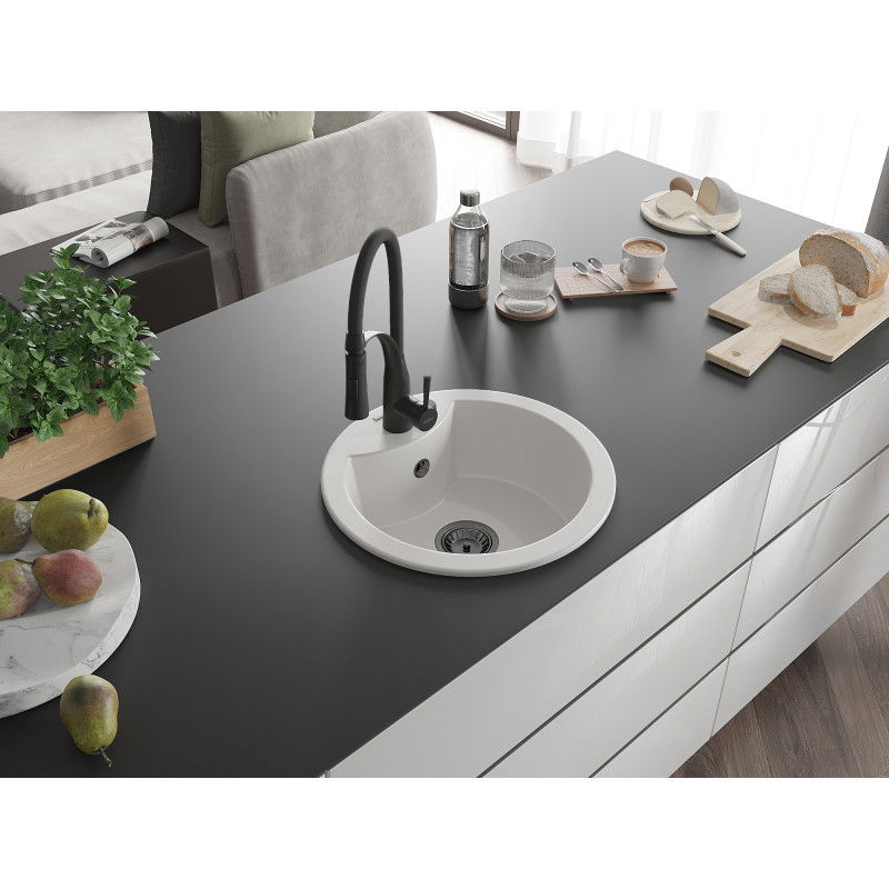 Mexen Diego žulový drez s 1 komorou s kuchynskou batériou Aster, biely - 6512-20-73450-70-B