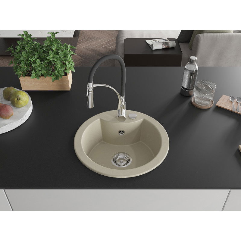 Mexen Diego granitový drez s 1 komorou a kuchynskou batériou Aster, béžový - 6512-69-73450-07