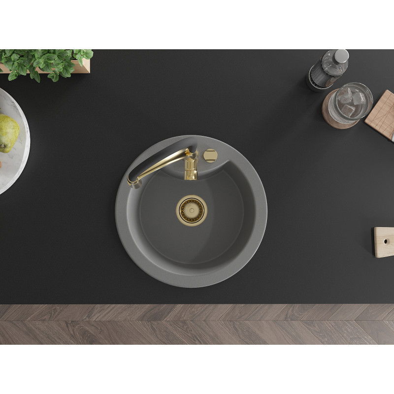 Mexen Diego žulový drez 1-komorový s kuchynskou batériou Aster, šedý - 6512-71-73450-57-G