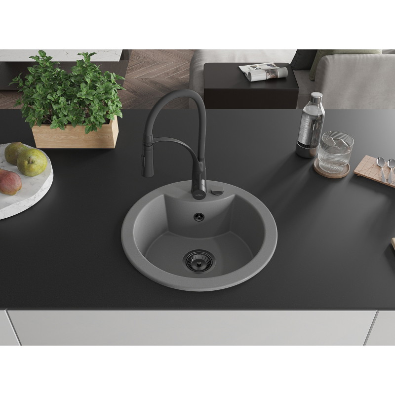 Mexen Diego granitový kuchynský drez s 1 komorou s kuchynskou batériou Aster, sivý - 6512-71-73450-70-B