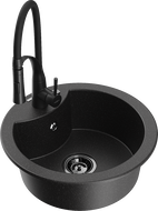 Mexen Diego žulový kuchynský drez s 1 komorou a kuchynskou batériou Aster, čierny/strieborný metalik - 6512-73-73450-70-B