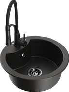 Mexen Diego granitový drez 1-komorový s kuchynskou batériou Aster, čierny/zlatý metalik - 6512-75-73450-70-B