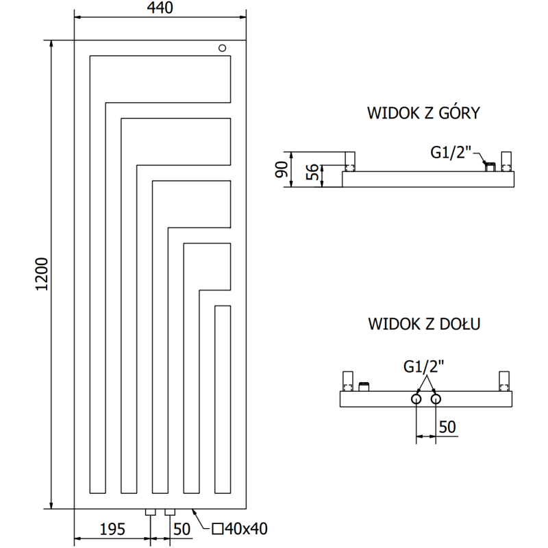 Mexen Alaska dekoratívny radiátor 1216 x 440 mm, 542 W, čierny - W205-1216-440-00-70