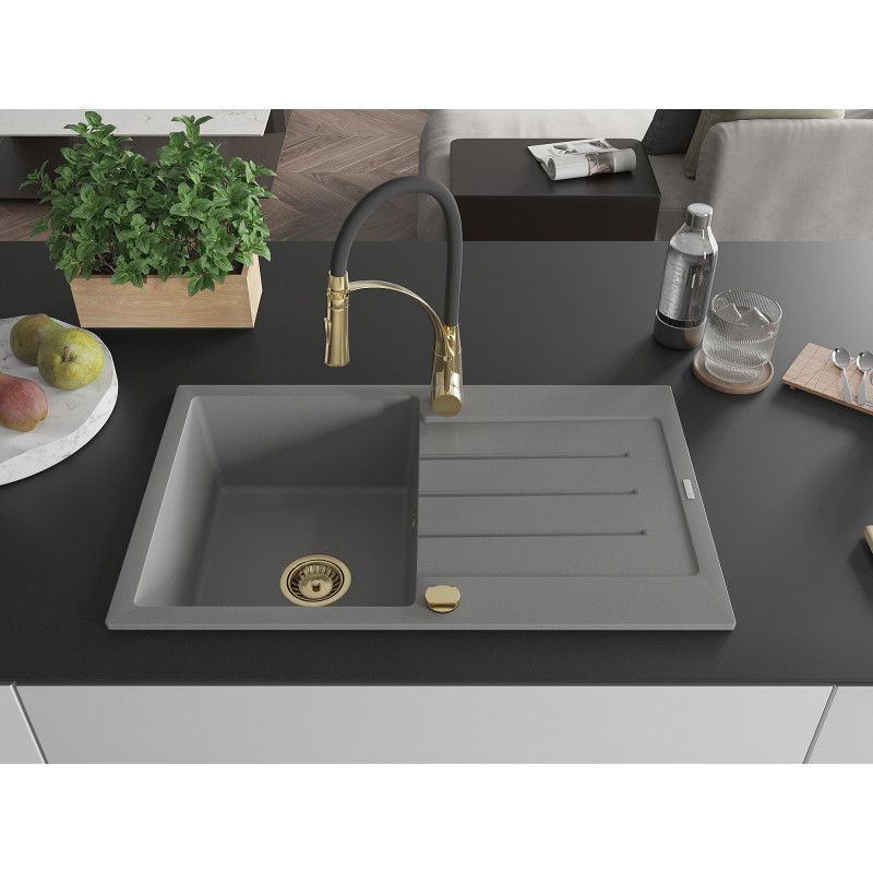 Mexen Bruno žulový drez 1-komorový s odkvapkávacou plochou a kuchynskou batériou Aster, sivý - 6513-71-73450-57-G