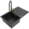 Mexen Bruno granitový drez s 1 komorou s odkvapkávačom a kuchynskou batériou Aster, čierno/strieborný metalický