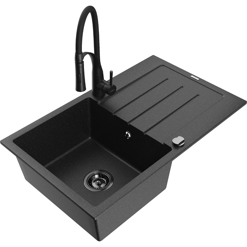 Mexen Bruno granitový kuchynský drez s 1 komorou, odkvapkávačom a kuchynskou batériou Aster, čierno/strieborný metalický