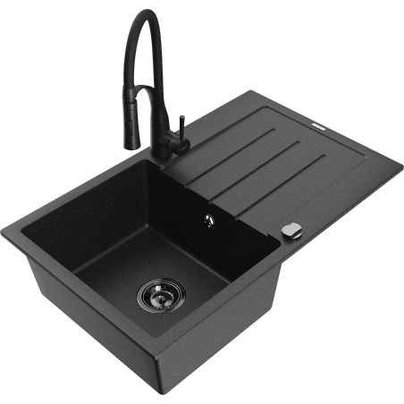 Mexen Bruno granitový kuchynský drez s 1 komorou, odkvapkávačom a kuchynskou batériou Aster, čierno/strieborný metalický