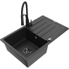 Mexen Bruno granitový kuchynský drez s 1 komorou, odkvapkávačom a kuchynskou batériou Aster, čierno/strieborný metalický