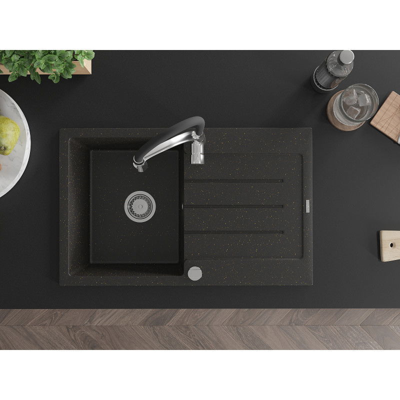 Mexen Bruno jednokomorový žulový drez s odkvapkávačom a kuchynskou batériou Aster, čierny/zlatý metalický