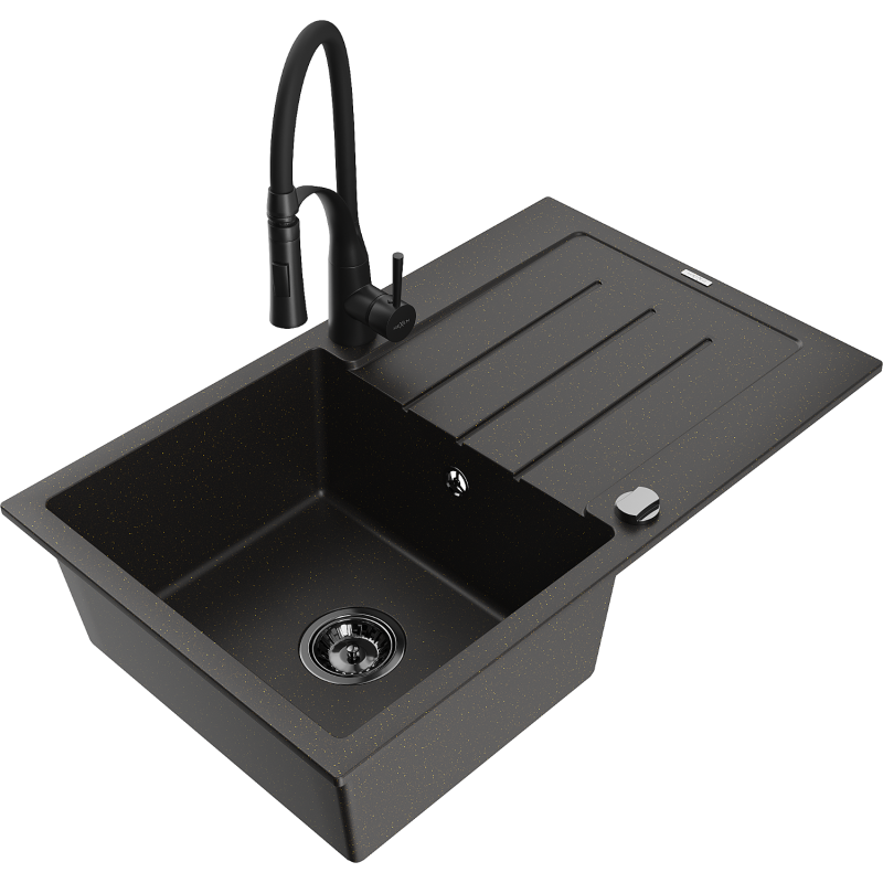 Mexen Bruno žulový jednodrezový drez s odkvapkávačom a kuchynskou batériou Aster, čierny/zlatý metalický