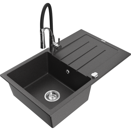 Mexen Bruno granitový kuchynský drez s 1 komorou, odkvapkávacom a kuchynskou batériou Aster, čierny bodkovaný