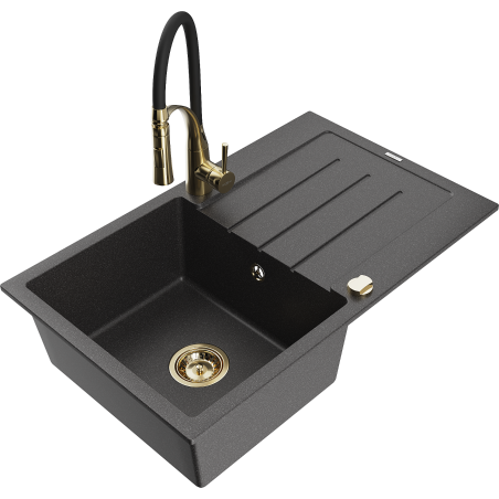 Mexen Bruno granitový drez s jednou komorou, s odkvapkávačom a kuchynskou batériou Aster, čierny s bodkami