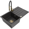Mexen Bruno granitový drez s jednou komorou, s odkvapkávačom a kuchynskou batériou Aster, čierny s bodkami