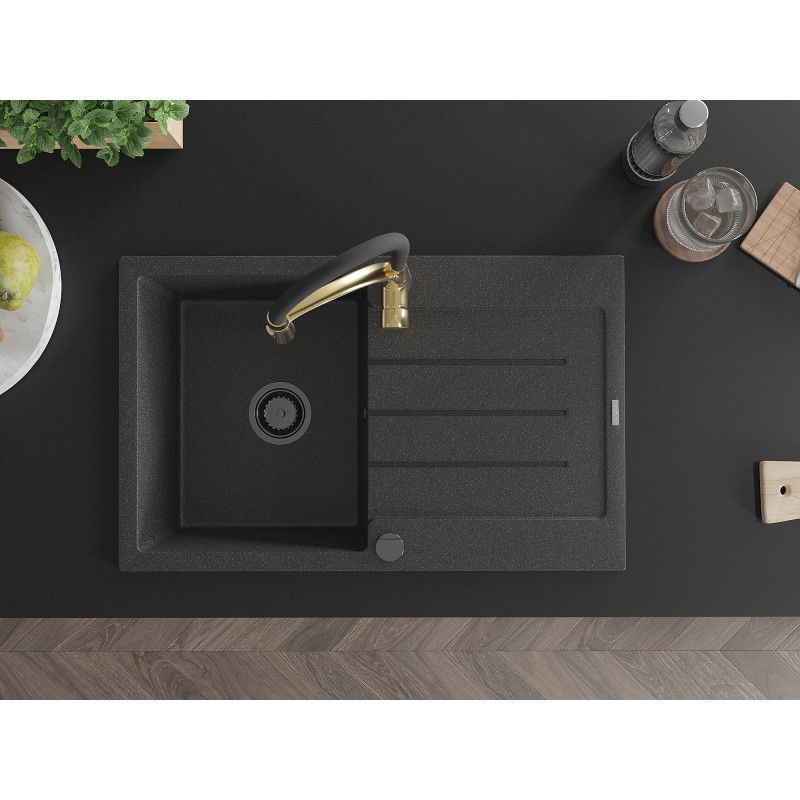 Mexen Bruno granitový drez 1-komorový s odkvapkávačom a kuchynskou batériou Aster, čierny s fľakmi - 6513-76-73450-57-B