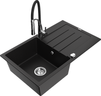 Mexen Bruno žulový kuchynský drez 1-komorový s odkvapkávačom a kuchynskou batériou Aster, čierny - 6513-77-73450-07