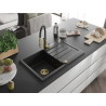 Mexen Bruno granitový drez 1-komorový s odkvapkávačom a kuchynskou batériou Aster, čierny - 6513-77-73450-57-G