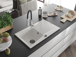 Mexen Cesar granitový drez 1-komorový s odkvapkávačom a kuchynskou batériou Aster, biely - 6514-20-73450-07-B