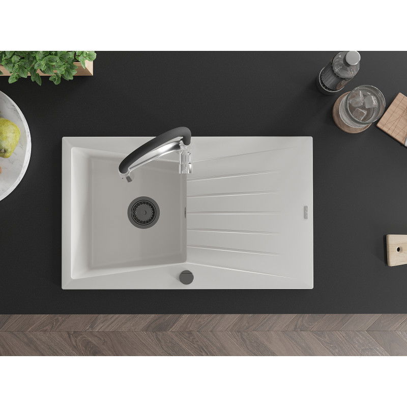 Mexen Cesar granitový drez 1-komorový s odkvapkávačom a kuchynskou batériou Aster, biely - 6514-20-73450-07-B