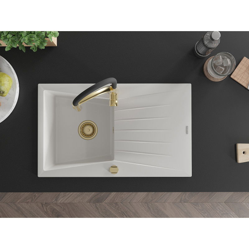 Mexen Cesar granitový drez 1-komorový s odkvapkávačom a kuchynskou batériou Aster, biely - 6514-20-73450-57-G