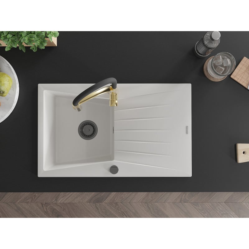 Mexen Cesar jednokomorový žulový drez s odkvapkávačom a kuchynskou batériou Aster, biela - 6514-20-73450-57-B