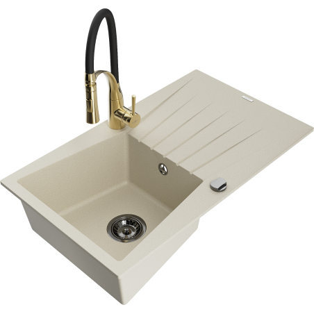 Mexen Cesar Granitový drez s 1 komorou, odkvapkávačom a kuchynskou batériou Aster, béžový - 6514-69-73450-57-B