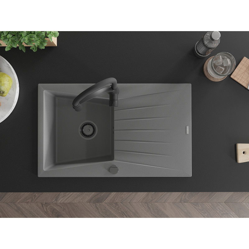 Mexen Cesar žulový kuchynský drez 1-komorový s odkvapkávačom a kuchynskou batériou Aster, sivý - 6514-71-73450-70-B