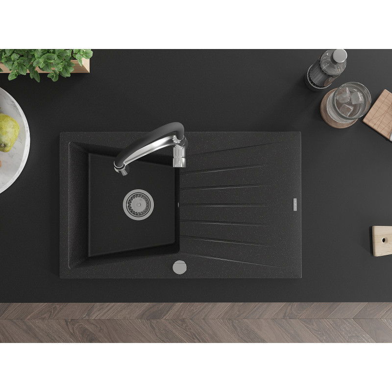 Mexen Cesar žulový drez s 1 komorou a odkvapkávačom, kuchynská batéria Aster, čierny/strieborný metalický - 6514-73-73450-07