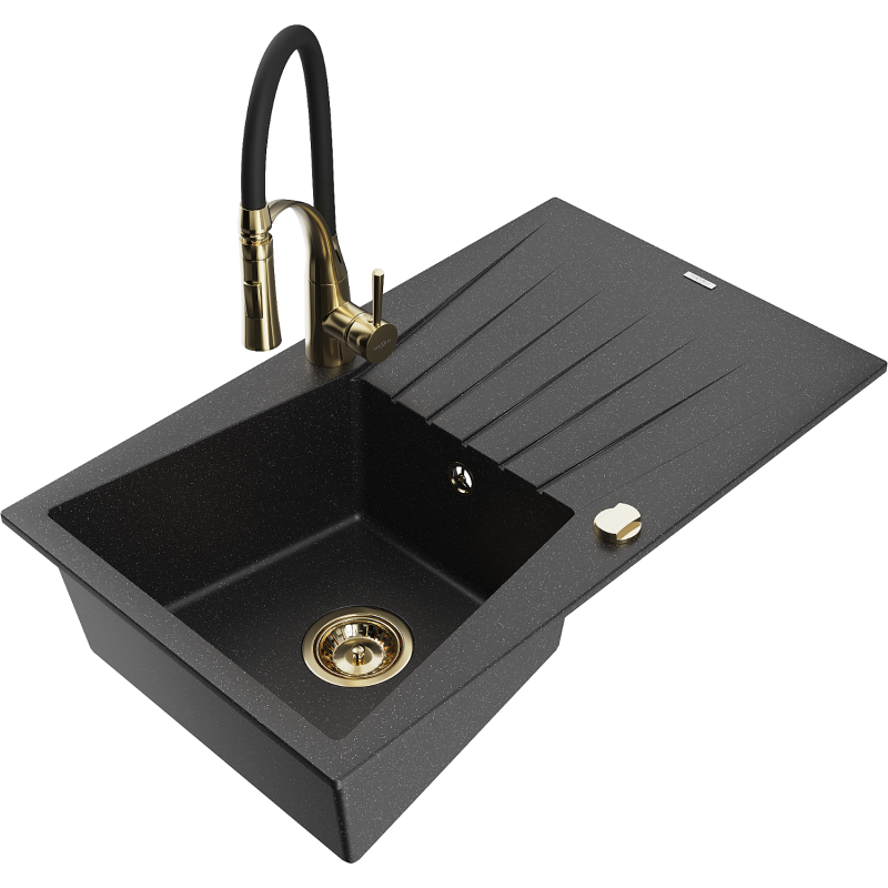 Mexen Cesar granitový drez s jednou komorou s odkvapkávačom a kuchynskou batériou Aster, čierny/strieborný metalický