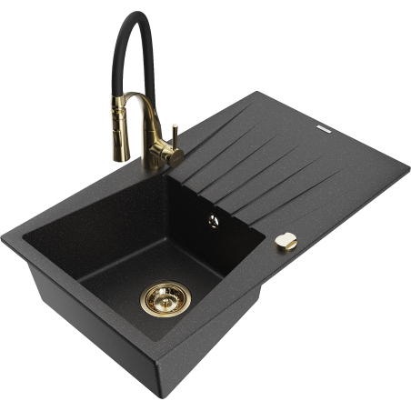 Mexen Cesar granitový drez s jednou komorou s odkvapkávačom a kuchynskou batériou Aster, čierny/strieborný metalický